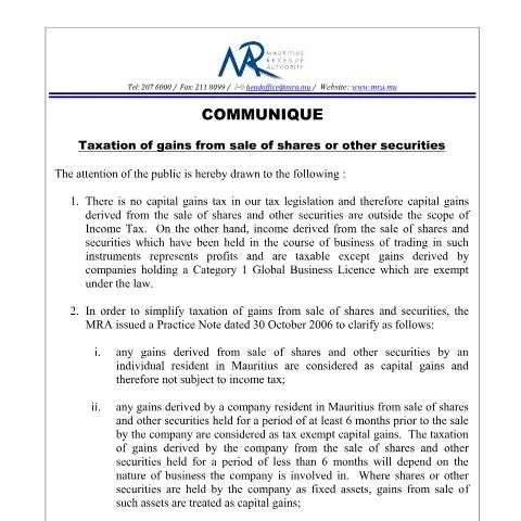 Document preview: Navigating Capital Gains Tax for Investors in Mauritius — Taxes (CERFA n°CapitalGains270315)