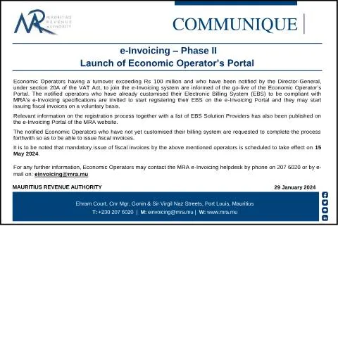 Document preview: Mauritius Launches e-Invoicing Phase II with Economic Operator’s — Taxes (CERFA n°e-InvoicingCommunique290124)