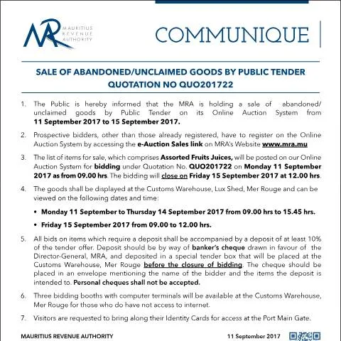 Document preview: Engage in the Sale of Unclaimed Goods in Mauritius — Government & admin (CERFA n°CommuniqueQ22of2017)