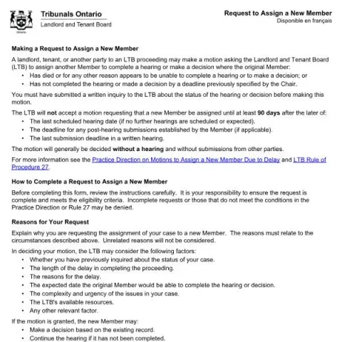 Document preview: Understanding the Request to Assign a New Member Form in Ontario LTB (English / French) — Housing