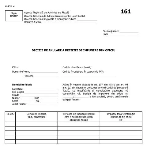 Document preview: Importanța deciziei de anulare a impunerii din oficiu — Impozite & fiscalitate (CERFA n°A4_OPANAF_962_2016)