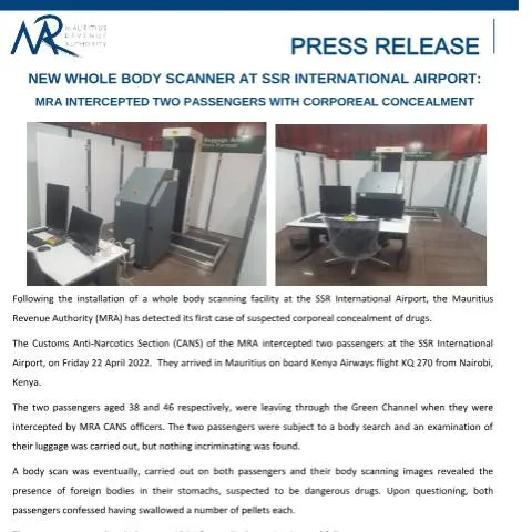 Document preview: SSR International Airport Implements Whole Body Scanners for Enhanced — Government & admin (PressRelease260422)