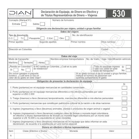 Vista previa del documento Todo sobre la Declaración de Equipaje y Dinero en Colombia — Impuestos (CERFA n°F530-2022)