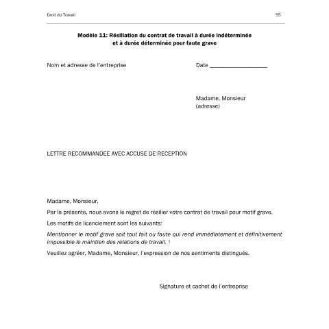 Aperçu du document Modèle de lettre de licenciement pour faute grave — Emploi & travail (CERFA n°modele-n-11-resiliation-du-contrat-de-travail-a-duree-indeterminee)