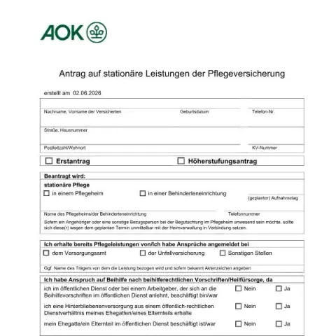 Dokumentvorschau: Stationäre Pflegeleistungen beantragen bei AOK Bayern — Gesundheit (DE014)