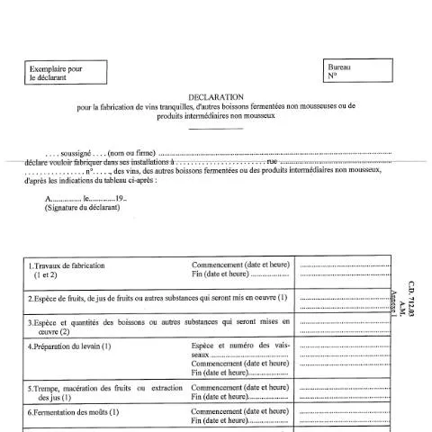 Aperçu du document Démarches pour la fabrication de vins tranquilles en Belgique — Démarches administratives (CERFA n°ACC_FORM_Declaration fabrication non mousseuses-2017-03-20)