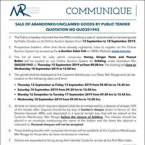 Document preview: Navigating the Sale of Unclaimed Goods in Mauritius — Government & admin (CERFA n°Communique43of2019)