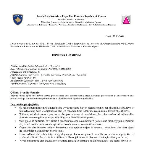 Document preview: Mundësi për Zyrtar Administrativ në Shërbimin Civil — Punë & punësim