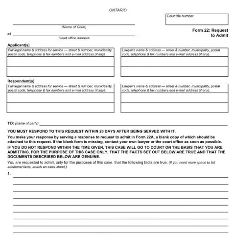 Document preview: Understanding Form 22: Request to Admit in Ontario Courts — Legal & justice (FLR-22-E)