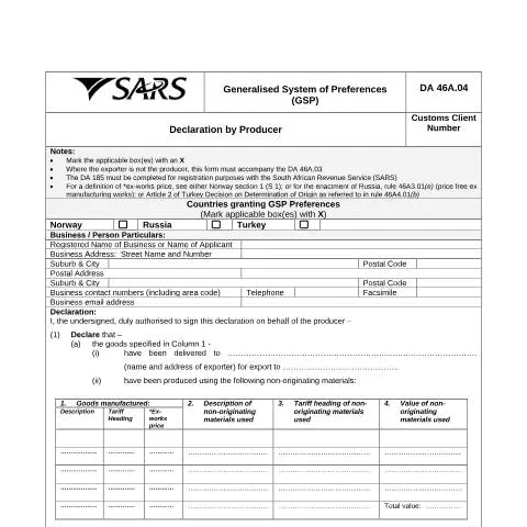 Document preview: Understanding DA 46A 04 for Producers in South Africa — Government & admin (CERFA n°DA 46A 04)