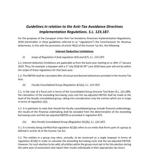 Document preview: Malta's Tax Guidelines for Anti-Tax Avoidance Directive Implementation — Taxes (CERFA n°guidelines-in-relation-to-the-anti-tax-avoidance-directives-)
