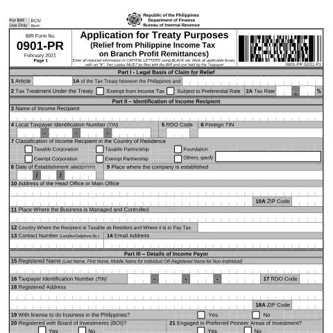 Document preview: Understanding BIR Form No. 0901-PR for Tax Relief in the Philippines — Taxes (CERFA n°0901-PR)