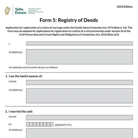 Document preview: Application to Register a Notice of Marriage under Family Home — Legal & justice (Form 5)