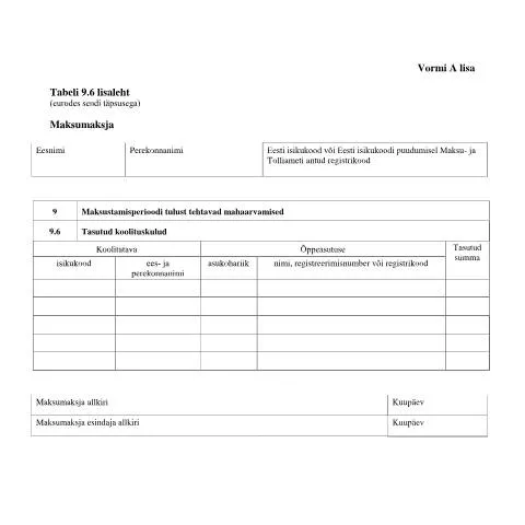 Document preview: Tabeli Lisa 9.6: Hariduskulude Maksustamine Eestis — Maksud ja maksustamine (CERFA n°VORM A TABEL 9.6 LISALEHT)