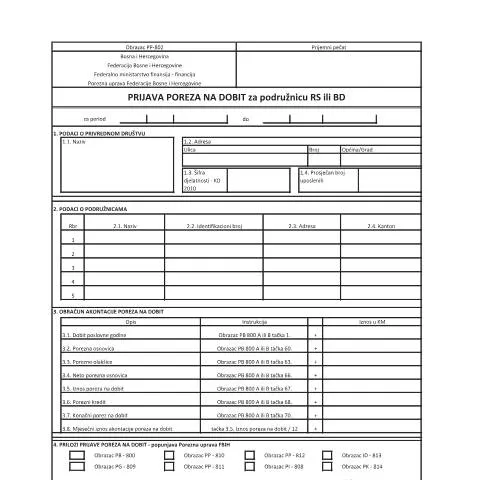 Document preview: Obrazac PP-802 za prijavu poreza na dobit — Porezi i fiskalnost (CERFA n°PP-802)