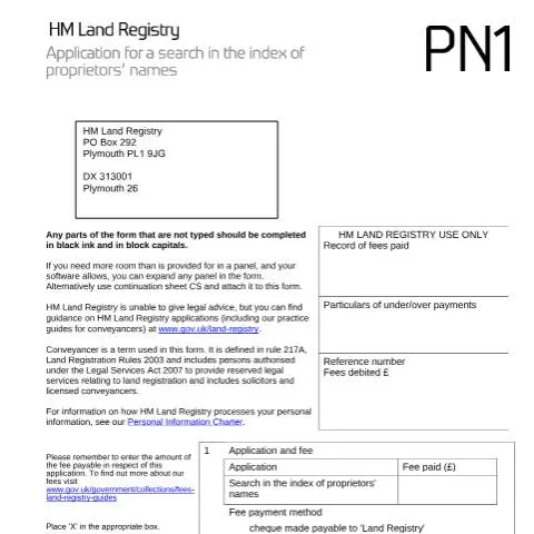 Document preview: How to Search UK Property Records by Owner Name Using PN1 Forms — Government & admin