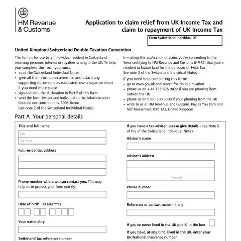 Document preview: Switzerland Individual Double Taxation Form: Claiming UK Tax Relief — Taxes