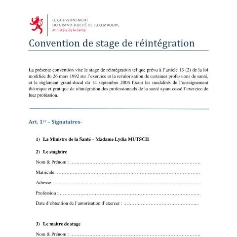Aperçu du document Comprendre la convention de stage de réintégration au Luxembourg — Santé (CERFA n°modele-convention)