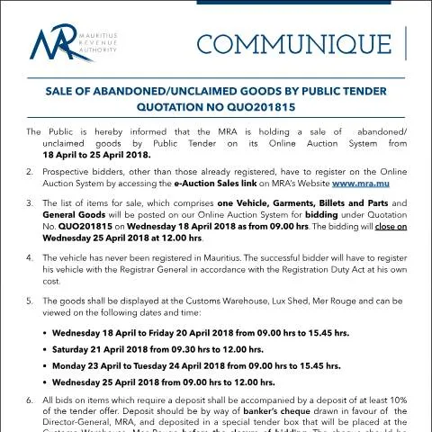Document preview: Understanding the Sale of Unclaimed Goods in Mauritius — Government & admin (CommuniqueQ15of2018)