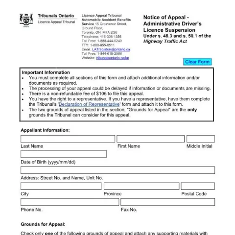 Document preview: Understanding the Notice of Appeal for Driver's Licence Suspension (English / French) — Vehicle & driving (02022E)