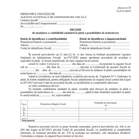 Document preview: Menținerea valabilității amânării penalităților de nedeclarare — Impozite & fiscalitate (CERFA n°A18_OPANAF_1767_2021)