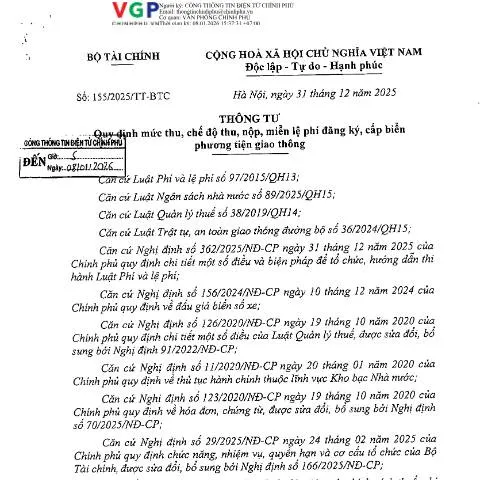 Document preview: Quy Định Mới Về Lệ Phí Đăng Ký Phương Tiện Giao Thông — Thủ tục hành chính (CERFA n°155/2025/TT-BTC)
