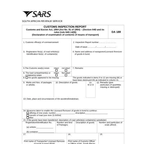 Document preview: Understanding the DA 189 Customs Inspection Report — Government & admin (CERFA n°DA 189)