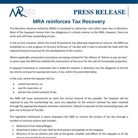 Document preview: MRA's Commitment to Strengthening Tax Recovery in Mauritius — Government & admin (PressRelease230222)