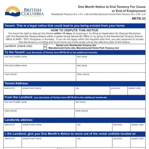 Document preview: Understanding the One Month Notice to End Tenancy or Employment — Housing (RTB-33)
