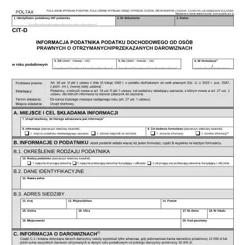 Document preview: Rola formularza CIT-D w monitorowaniu darowizn — Podatki i fiskalność (CERFA n°CIT-D)