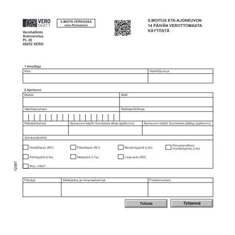 Document preview: Ajoneuvon verottoman käytön ilmoitus Suomessa — Verot & verotus (CERFA n°Vero 1230)