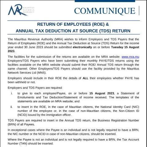 Document preview: Understanding ROE & TDS Returns for Employers in Mauritius — Taxes (CERFA n°CommuniqueROETDS070823)