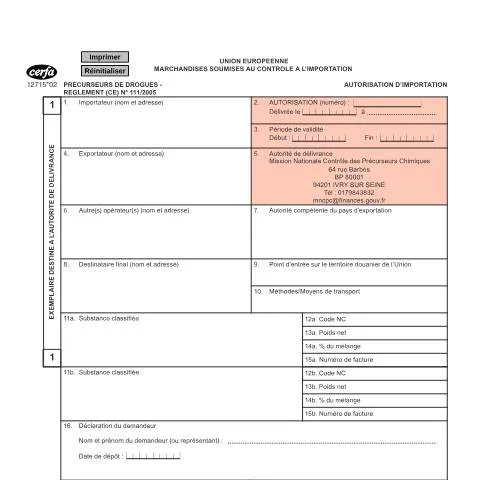 Aperçu du document Marchandises soumises au contrôle à l'importation en Europe — Démarches administratives (CERFA n°12715*02)
