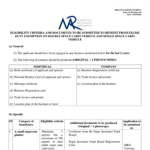 Document preview: Understanding Eligibility Form 5 for Duty Exemption — Government & admin (EligibilityForm5)