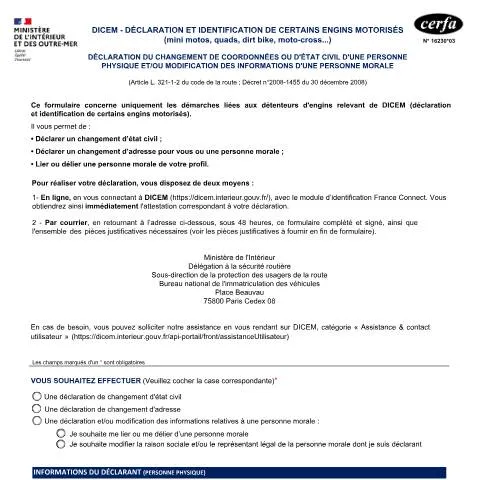 Aperçu du document Déclaration de changement pour engins motorisés DICEM — Véhicule & permis (CERFA n°16230*03)