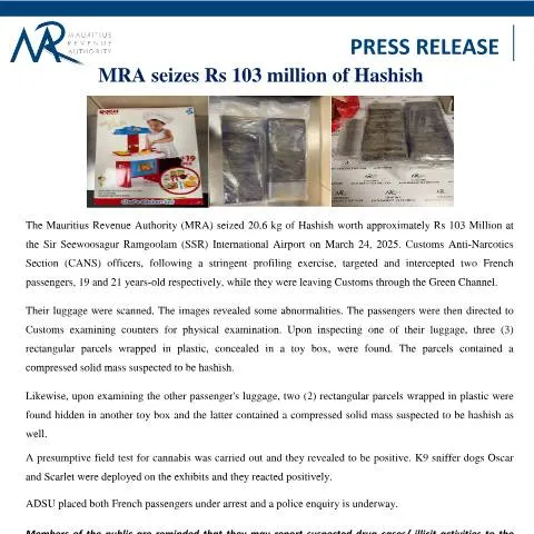 Document preview: Major Hashish Seizure by MRA Highlights Drug Trafficking Issues — Government & admin (PressRelease240324)
