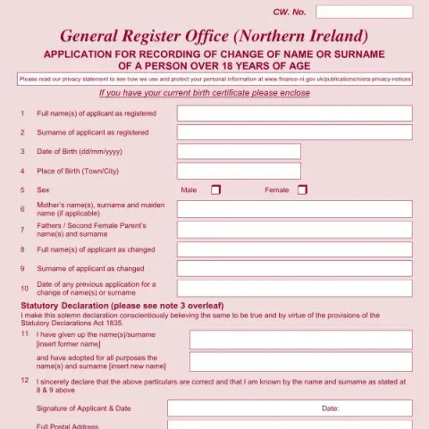 Document preview: Guide to Recording a Name Change in Northern Ireland — Civil status & identity (GRO 231)