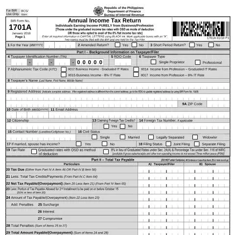 Document preview: Understanding BIR Form No. 1701A for Business Income Tax Returns — Taxes (CERFA n°1701A)