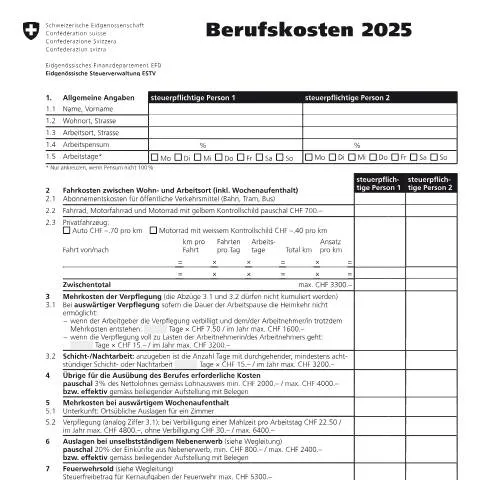 Dokumentvorschau: Berufskosten- und Schuldenverzeichnis 2025 ,  Steuererklärung leicht — Steuern
