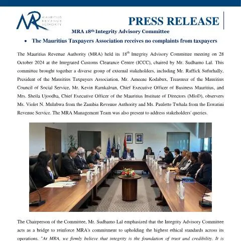 Document preview: Exploring the MRA's Commitment to Taxpayer Integrity — Government & admin (PressRelease281024)