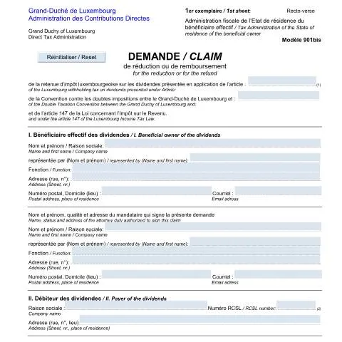 Aperçu du document Réduction et remboursement de la retenue d'impôt sur les dividendes — Impôts & fiscalité (CERFA n°901bis-fr)