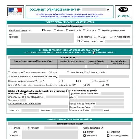 Aperçu du document Enregistrement officiel des transferts de coquillages vivants — Démarches administratives (CERFA n°15063*04)