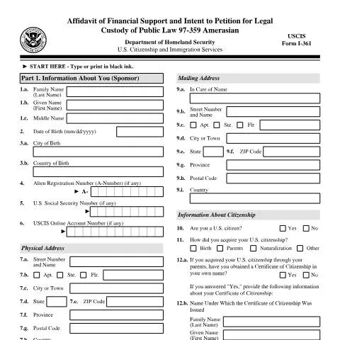 Document preview: Understanding USCIS Form I-361 for Legal Custody — Immigration & visas (CERFA n°I-361)