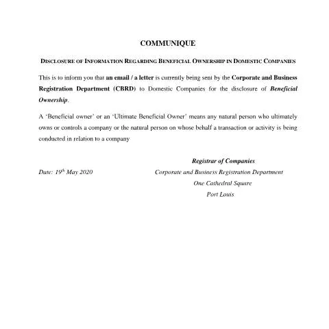 Document preview: Mauritian Domestic Companies: Beneficial Ownership Disclosure Guidance — Government & admin (COMMUNIQUE-BO-19.05.2020-2-1)