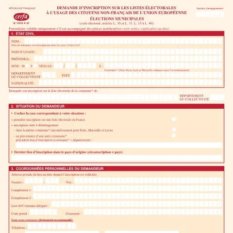 Aperçu du document Inscription électorale municipale des citoyens européens en France — Démarches administratives (CERFA n°12670*02)