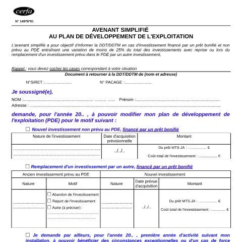 Aperçu du document Comment utiliser l'avenant simplifié au plan de développement agricole — Démarches administratives (CERFA n°14976*01)