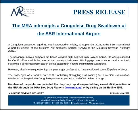 Document preview: Insights into the MRA's Drug Interception at SSR Airport — Government & admin (PressRelease220921)