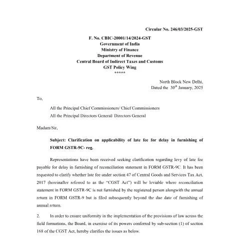 Document preview: Guidance on Late Fee for Delayed GSTR-9C Filing — Government & admin (CERFA n°cir-cgst-246-03-2025)
