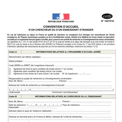 Aperçu du document Formulaire 16079*03 : accueillir légalement un talent académique — Emploi & travail (CERFA n°16079*03)