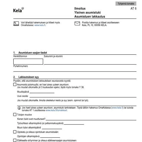 Document preview: Asumistuen lakkautus: Tärkeät tiedot ja ohjeet — Asuminen (CERFA n°Kela AT 6)